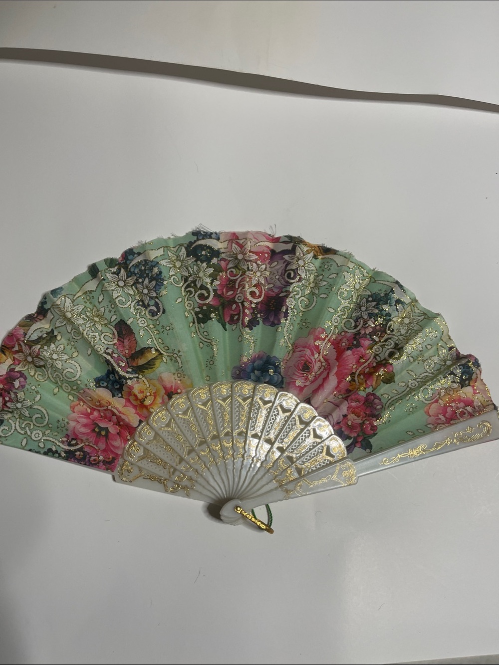 Floral Hand Fan in Mint Green and Pink